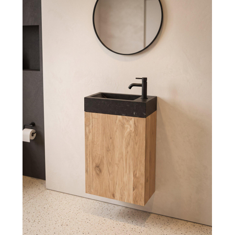 Saniclass Holz Pure Toiletmeubelset - 40x60.5cm - 1 deur - fontein natuursteen donker - kraangat rechts - eiken natural SW1577766