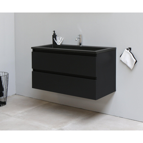 Basic Bella Meuble salle de bains avec lavabo acrylique Noir 100x55x46cm 1 trou de robinet Noir mat SW491734