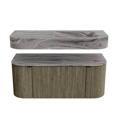 MONDIAZ THOR-DLUX 110cm meuble de salle de bains arrondi gauche + droite couleur Shadow avec 1 tiroir et 2 portes. Vasque suspendue CLOUD Droite 1 trou de robinet couleur Sombra. SW1463025