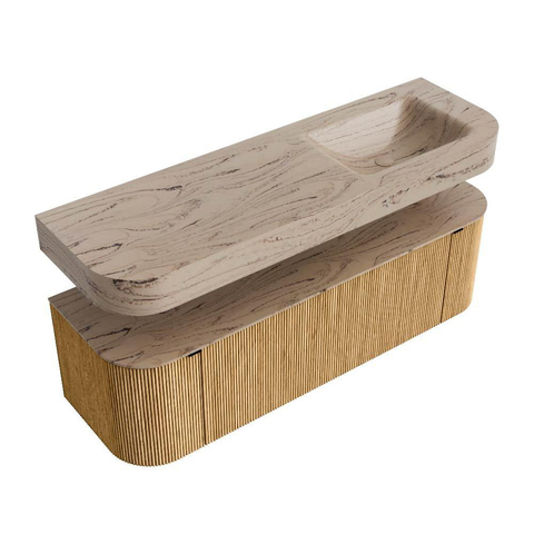 MONDIAZ THOR-DLUX 150cm badmeubel ronding links + rechts kleur Oak met 1 lade en 2 deuren. Vrijhangende wastafel CLOUD Rechts zonder kraangat kleur Arena. SW1464720