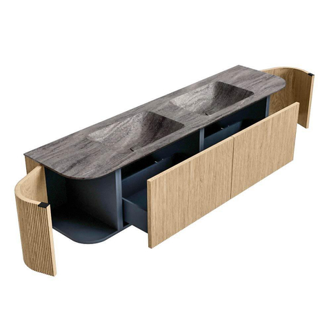 MONDIAZ KURVE-DLUX Meuble de salle de bains 180cm arrondi Gauche + Droite couleur Chêne avec 2 tiroirs et 2 portes. Lavabo LEAF Double 2 trous de robinet Oza. SW1432693
