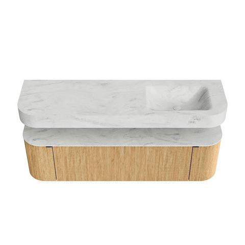 MONDIAZ THOR-DLUX 160cm badmeubel ronding links + rechts kleur Oak met 1 lade en 2 deuren. Vrijhangende wastafel CLOUD Rechts zonder kraangat kleur Opalo. SW1464985