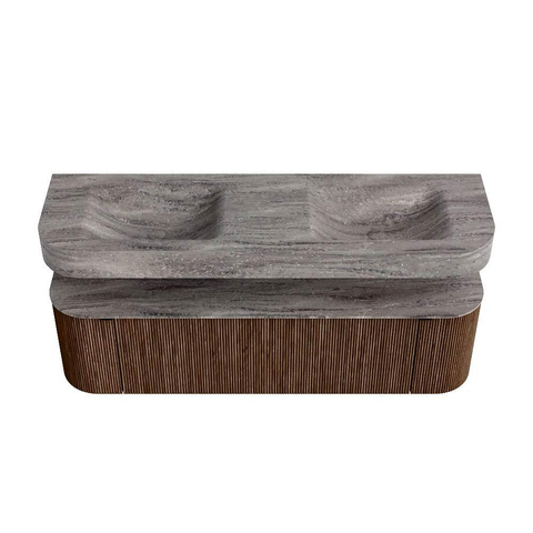 MONDIAZ THOR-DLUX Meuble de salle de bains - 160cm - arrondi gauche + droite - couleur Walnut - 1 tiroir et 2 portes - Vasque suspendue CLOUD Double sans trou de robinet - couleur Oza SW1465298