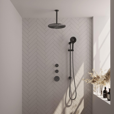 Brauer Gunmetal Edition Douche pluie thermostatique avec pommeau 30cm et bras plafond 20cm et douchette Rond 3 jet flexible lisse avec coude mural Gunmetal brossé PVD SW715839