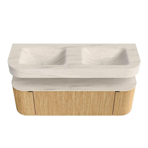 MONDIAZ THOR-DLUX 140cm meuble de salle de bains arrondi gauche + droite couleur Oak avec 1 tiroir et 2 portes. Vasque suspendue CLOUD Double 2 trous de robinet couleur Meli. SW1464409