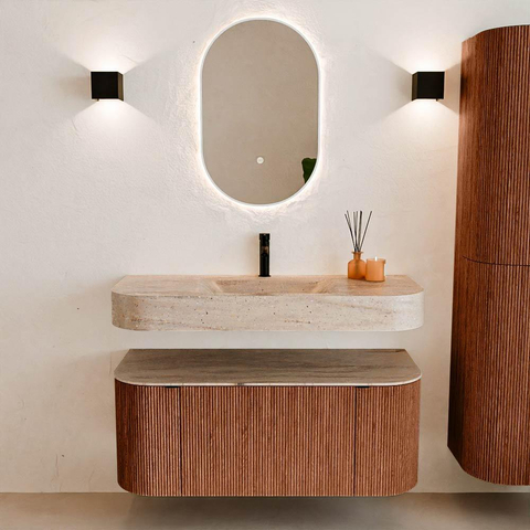 MONDIAZ THOR-DLUX 110cm meuble de salle de bains arrondi gauche + droite couleur Ruby avec 1 tiroir et 2 portes. Vasque suspendue CLOUD Milieu 1 trou de robinet couleur Saba. SW1463034