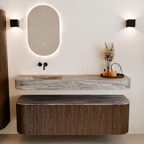 MONDIAZ THOR-DLUX 150cm badmeubel ronding links + rechts kleur Walnut met 1 lade en 2 deuren. Vrijhangende wastafel CLOUD Links zonder kraangat kleur Oza. SW1464836
