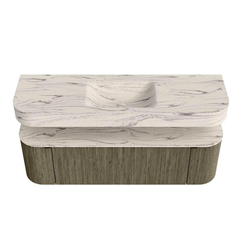 MONDIAZ THOR-DLUX 150cm meuble de salle de bains arrondi gauche + droite couleur Shadow avec 1 tiroir et 2 portes. Vasque suspendue CLOUD Milieu sans trou de robinet couleur Nata. SW1464829