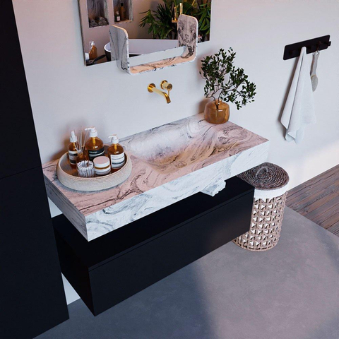 Mondiaz ALAN-DLUX Ensemble de meuble - 100cm - meuble Urban mat - 1 tiroir - Lavabo Cloud Glace suspendu - vasque Droite - 0 trous de robinet SW804955