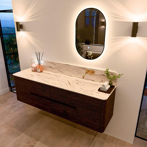 Mondiaz CIRO-DLUX Meuble de salle de bains - 170x45x50cm - vasque solid surface Nata - 1 lavabo à droite - sans trous de robinet - 4 tiroirs - Noyer SW1530619