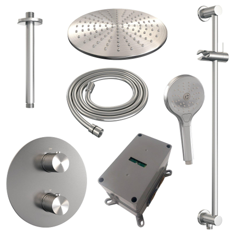 BRAUER Brushed Carving thermostatische Inbouw Regendouche - 3-weg - rond - set 96 - 30cm hoofddouche - plafondarm - 3-standen handdouche - doucheslang - geïntegreerde glijstang - RVS geborsteld PVD SW1159205
