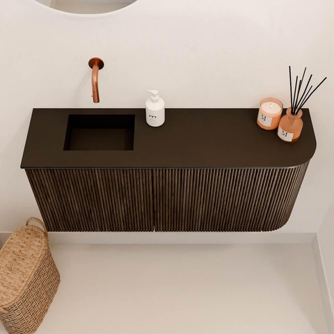 Mondiaz JOYA 91.6cm toiletmeubel - ronding rechts kleur Walnut - Wastafel FAYE positie Links Zonder kraangat kleur Urban. SW1421372