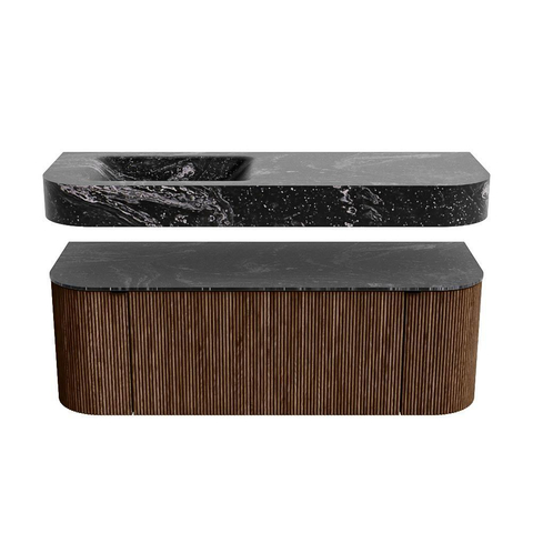 MONDIAZ THOR-DLUX 130cm badmeubel ronding links + rechts kleur Walnut met 1 lade en 2 deuren. Vrijhangende wastafel CLOUD Links zonder kraangat kleur Lava. SW1463612