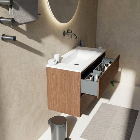 Saniclass Holz Pure Ensemble de meubles de salle de bains - 100x45x77.5cm - lavabo Torino en solid surface blanc - sans trou de robinet - 2 tiroirs - noyer pure mat (bois) SW1478664