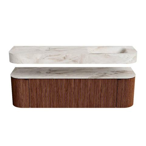 MONDIAZ THOR-DLUX 160cm meuble de salle de bains arrondi gauche + droite couleur Ruby avec 1 tiroir et 2 portes. Vasque suspendue CLOUD Droite sans trou de robinet couleur Frappe. SW1467683