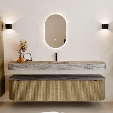 MONDIAZ THOR-DLUX Meuble de salle de bains 190cm arrondi gauche + droite couleur Dusk avec 2 tiroirs et 2 portes. Vasque suspendue CLOUD Milieu 1 trou de robinet couleur Oza. SW1466817