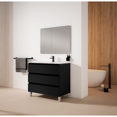 Saniclass Chaci PLUS Meuble de salle de bain - 100x86x46cm - lavabo en céramique blanc - 1 vasque - 1 trou de robinet - 3 tiroirs - miroir rectangulaire - noir mat SW926297