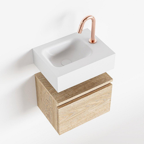 MONDIAZ ANDOR Toiletmeubel 40x30x30cm met 1 kraangaten 1 lades washed oak mat Wastafel Lex links Solid Surface Wit SW474258