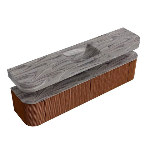 MONDIAZ THOR-DLUX 200cm meuble de salle de bains arrondi gauche + droite couleur Ruby avec 2 tiroirs et 2 portes. Vasque suspendue CLOUD Milieu 1 trou de robinet couleur Sombra. SW1467281