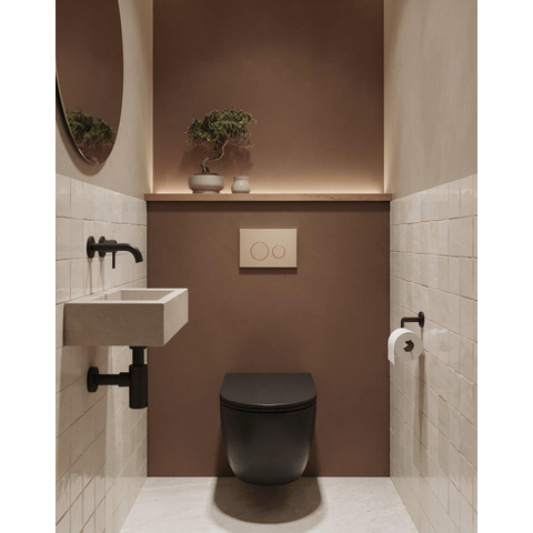 QeramiQ Dely Ensemble de toilette - réservoir encastré Qeramiq Flush - abattant slim - plaque de commande beige en plastique - boutons ronds - noir mat SW1578531