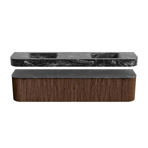 MONDIAZ THOR-DLUX 200cm badmeubel ronding links + rechts kleur Walnut met 2 lades en 2 deuren. Vrijhangende wastafel CLOUD Dubbel 2 kraangaten kleur Lava. SW1466993