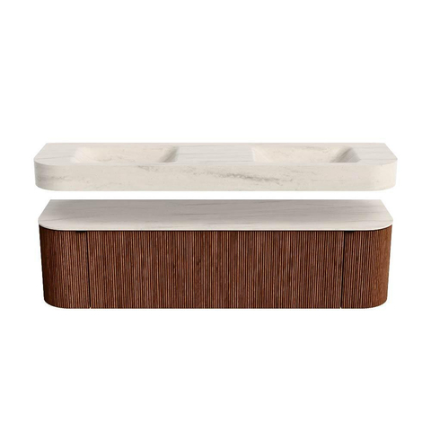 MONDIAZ THOR-DLUX 170cm meuble de salle de bains arrondi gauche + droite couleur Ruby avec 1 tiroir et 2 portes. Vasque suspendue CLOUD Double 2 trous de robinet couleur Meli. SW1465758