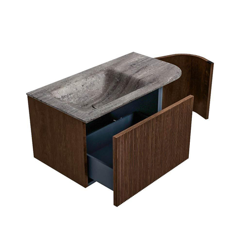 MONDIAZ KURVE-DLUX 85cm badmeubel ronding Rechts kleur Walnut met 1 lade en 1 deur. Wastafel CLOUD Links 1 kraangat Oza. SW1432705