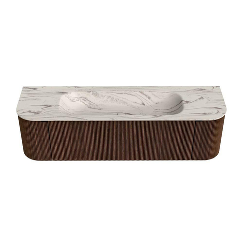 MONDIAZ KURVE-DLUX 160cm badmeubel ronding Links + Rechts kleur Walnut met 1 lade en 2 deuren. Wastafel BIG MEDIUM Midden zonder kraangat Nata. SW1432205