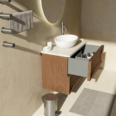 Saniclass Holz Frame Badkamermeubelset - 80x45x63cm - Travertine natuurstenen topblad - 1 kraangat - 2 lades - mat walnut pure (hout) SW1580029