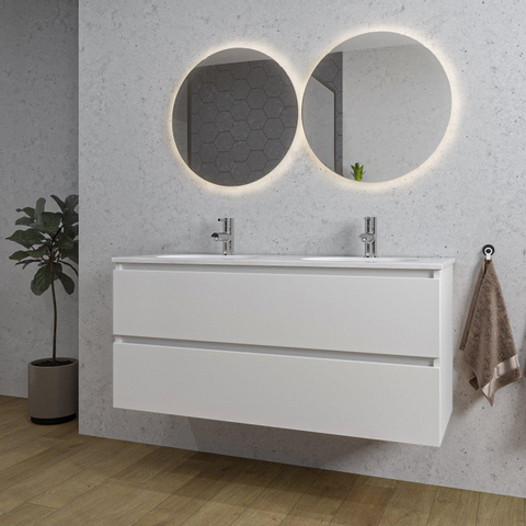 Saniclass Chaci Meuble de salle de bain - 120x45x55cm - lavabo en céramique brillant blanc - 2 vasques - 2 trous de robinet - 2 tiroirs - blanc mat SW721287