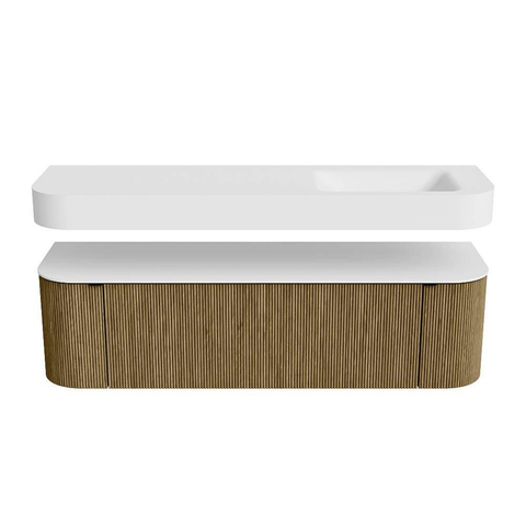MONDIAZ THOR 160cm meuble de salle de bains arrondi gauche + droite couleur Dusk avec 1 tiroir et 2 portes. Vasque suspendue CLOUD droite sans trou de robinet couleur Talc. SW1465033
