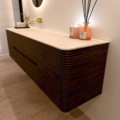 Mondiaz CIRO-DLUX Meuble de salle de bains - 180x45x50cm - Plan vasque Solid surface Meli - 1 vasque à gauche - sans perçages pour robinet - 4 tiroirs - Noyer SW1530536