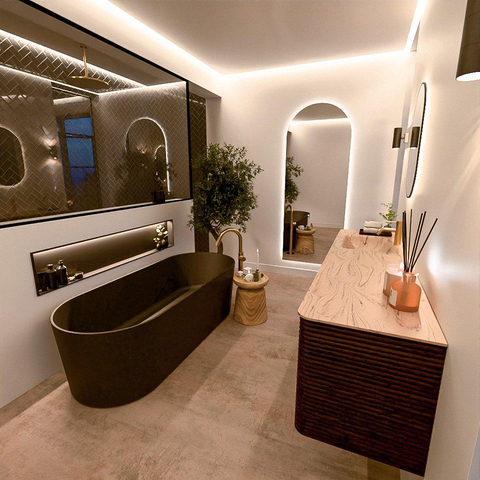 Mondiaz CIRO-DLUX Meuble de salle de bains - 180x45x50cm - Plan vasque en solid surface Arena - 1 lavabo à gauche - 1 trou de robinetterie - 4 tiroirs - Noyer SW1530439