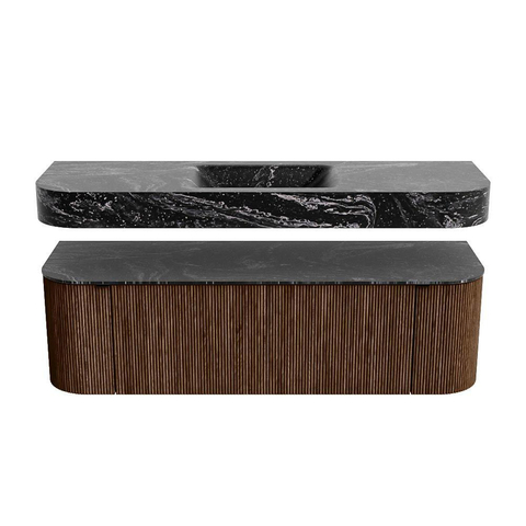 MONDIAZ THOR-DLUX 150cm badmeubel ronding links + rechts kleur Walnut met 1 lade en 2 deuren. Vrijhangende wastafel CLOUD Midden 1 kraangat kleur Lava. SW1464647
