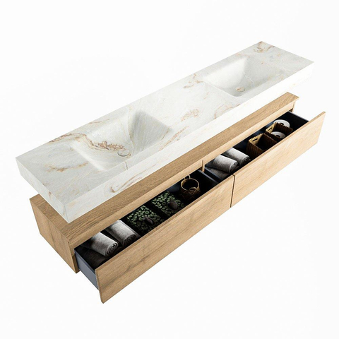Mondiaz ALAN-DLUX Ensemble de meuble - 200cm - meuble Washed Oak mat - 2 tiroirs - Lavabo Cloud Frappe suspendu - vasque Gauche et droite - 2 trous de robinet SW808797