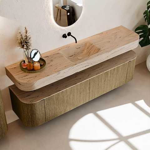 MONDIAZ THOR-DLUX Meuble de salle de bains 190cm arrondi gauche + droite couleur Dusk avec 2 tiroirs et 2 portes. Vasque suspendue CLOUD Milieu sans trou de robinet couleur Arena. SW1466590