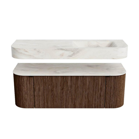 MONDIAZ THOR-DLUX 130cm badmeubel ronding links + rechts kleur Walnut met 1 lade en 2 deuren. Vrijhangende wastafel CLOUD Rechts zonder kraangat kleur Ostra. SW1463608