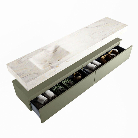 Mondiaz ALAN-DLUX Ensemble de meuble - 200cm - meuble Army mat - 2 tiroirs - Lavabo Cloud Ostra suspendu - vasque Gauche - 1 trou de robinet SW807844