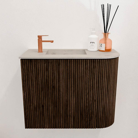 Mondiaz JOYA-DLUX Meuble de salle de bains - 51,6cm - arrondi droite couleur Walnut - Vasque FAYE position Gauche 1 trou de robinet couleur Opalo SW1422513