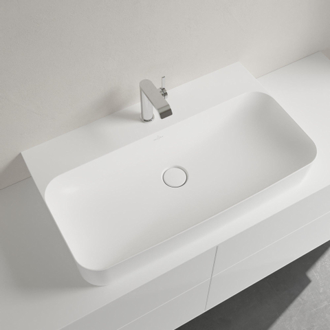Villeroy & Boch finion wastafel onderzijde - geslepen - 1 kraangat - 80x47cm CeramicPlus - met verdekte overloop - Stone White (mat wit) SW209556