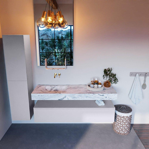 Mondiaz ALAN-DLUX Ensemble de meuble - 150cm - meuble Cale mat - 1 tiroir - Lavabo Cloud Glace suspendu - vasque Gauche - 0 trous de robinet SW805737