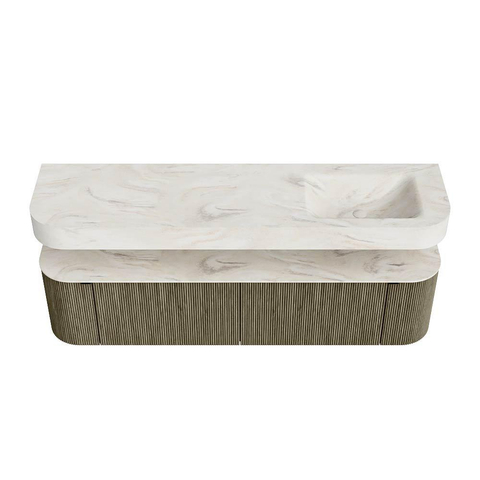 MONDIAZ THOR-DLUX 180cm meuble de salle de bains arrondi gauche + droite couleur Shadow avec 2 tiroirs et 2 portes. Vasque suspendue CLOUD Droite 1 trou de robinet couleur Ostra. SW1466120