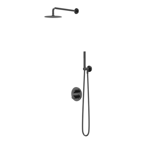 IVY Bond ensemble de douche pluie encastré – douche de tête medium Ø 20 cm – bras de plafond 15 cm – douchette bâton – support fixe – noir chrome brillant SW1033157