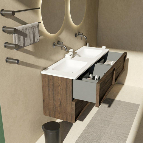 Saniclass Holz Frame Badkamermeubelset - 140x45x77.5cm - Torino solid surface wastafel wit - zonder kraangat - 4 lades - mat eiken charcoal (hout) SW1579926