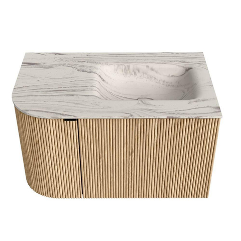 MONDIAZ KURVE-DLUX Meuble de salle de bains 75cm arrondi à gauche couleur chêne avec 1 tiroir et 1 porte. Lavabo GRUNNE à droite 1 trou de robinet Nata. SW1432064