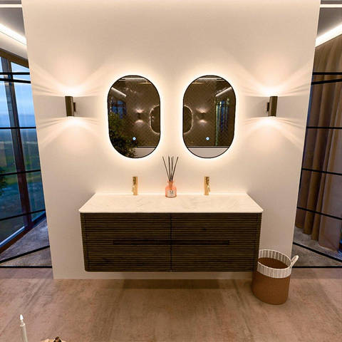 Mondiaz CIRO-DLUX Meuble de salle de bains - 140x45x50cm - Plan vasque solid surface Opalo - 2 vasques double - 2 perçages de robinet - 4 tiroirs - Shadow SW1532406