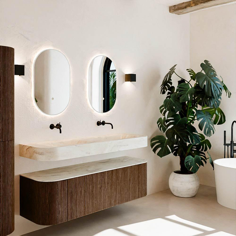 MONDIAZ THOR-DLUX 150cm meuble de salle de bains arrondi gauche + droite couleur Walnut avec 1 tiroir et 2 portes. Vasque suspendue CLOUD Double sans trou de robinet couleur Ostra. SW1464482