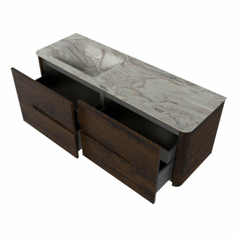 Mondiaz CIRO-DLUX Ensemble de meubles de salle de bains - 140x45x50cm - vasque solid surface Glace - 1 bassin à gauche - sans trous de robinet - 4 tiroirs - Noyer SW1530265