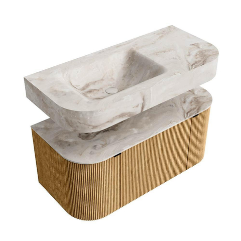 MONDIAZ THOR-DLUX 100cm badmeubel ronding links + rechts kleur Oak met 1 lade en 2 deuren. Vrijhangende wastafel CLOUD Links zonder kraangat kleur Frappe. SW1467303