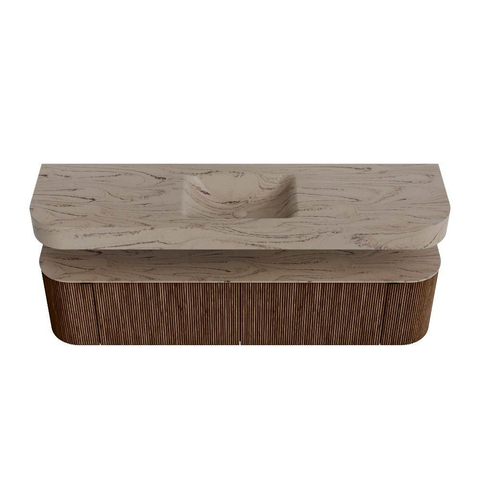 MONDIAZ THOR-DLUX 180cm meuble de salle de bains arrondi gauche + droite couleur Walnut avec 2 tiroirs et 2 portes. Vasque suspendue CLOUD Milieu sans trou de robinet couleur Arena. SW1466145